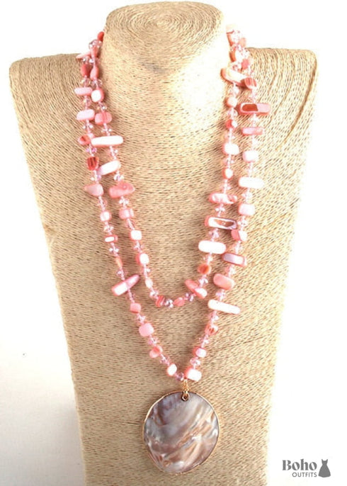 Boho Necklace, RH Pink Rose Crystal Shell